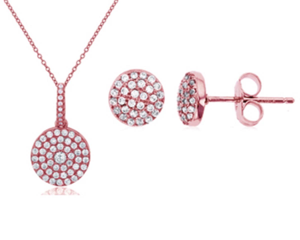 Sterling Silver Rose Pave CZ Circle Stud and 18" Necklace Set