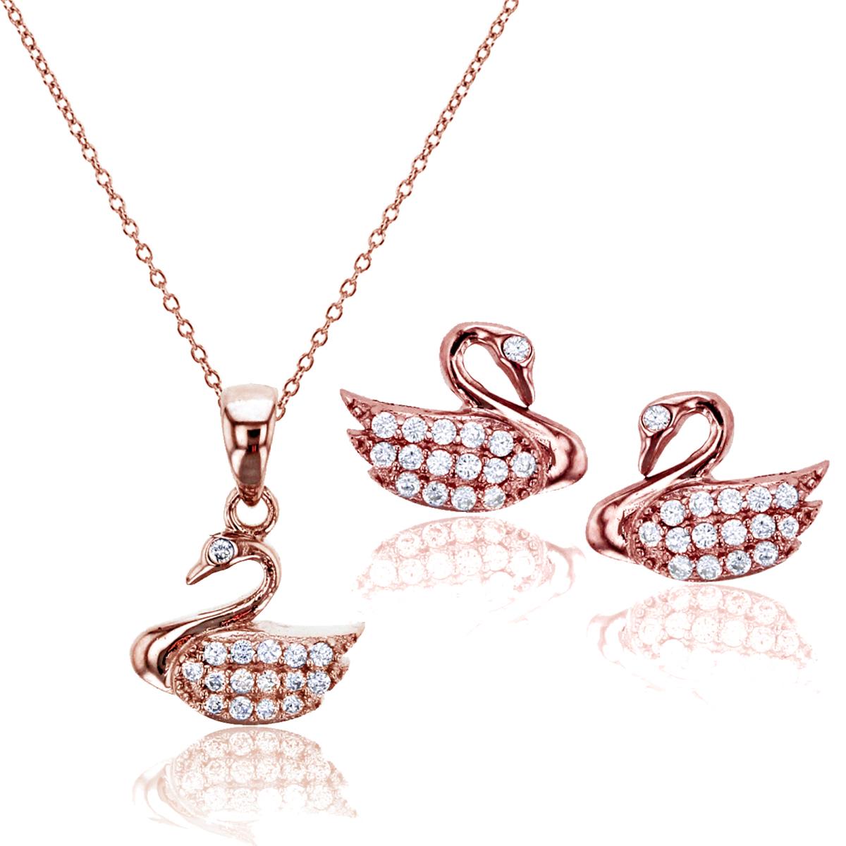 Sterling Silver Rose Micropave Swan Earring and 18" Necklace Set