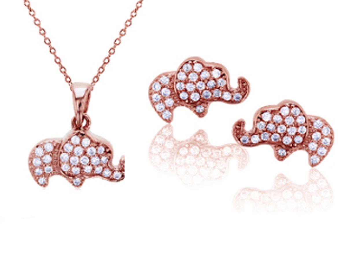 Sterling Silver Rose Micropave Baby Elephant Earring and 18" Necklace Set