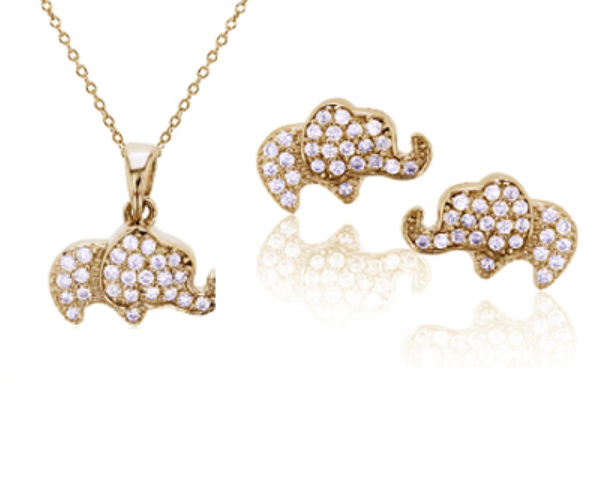 Sterling Silver Yellow Micropave Baby Elephant Earring and 18" Necklace Set