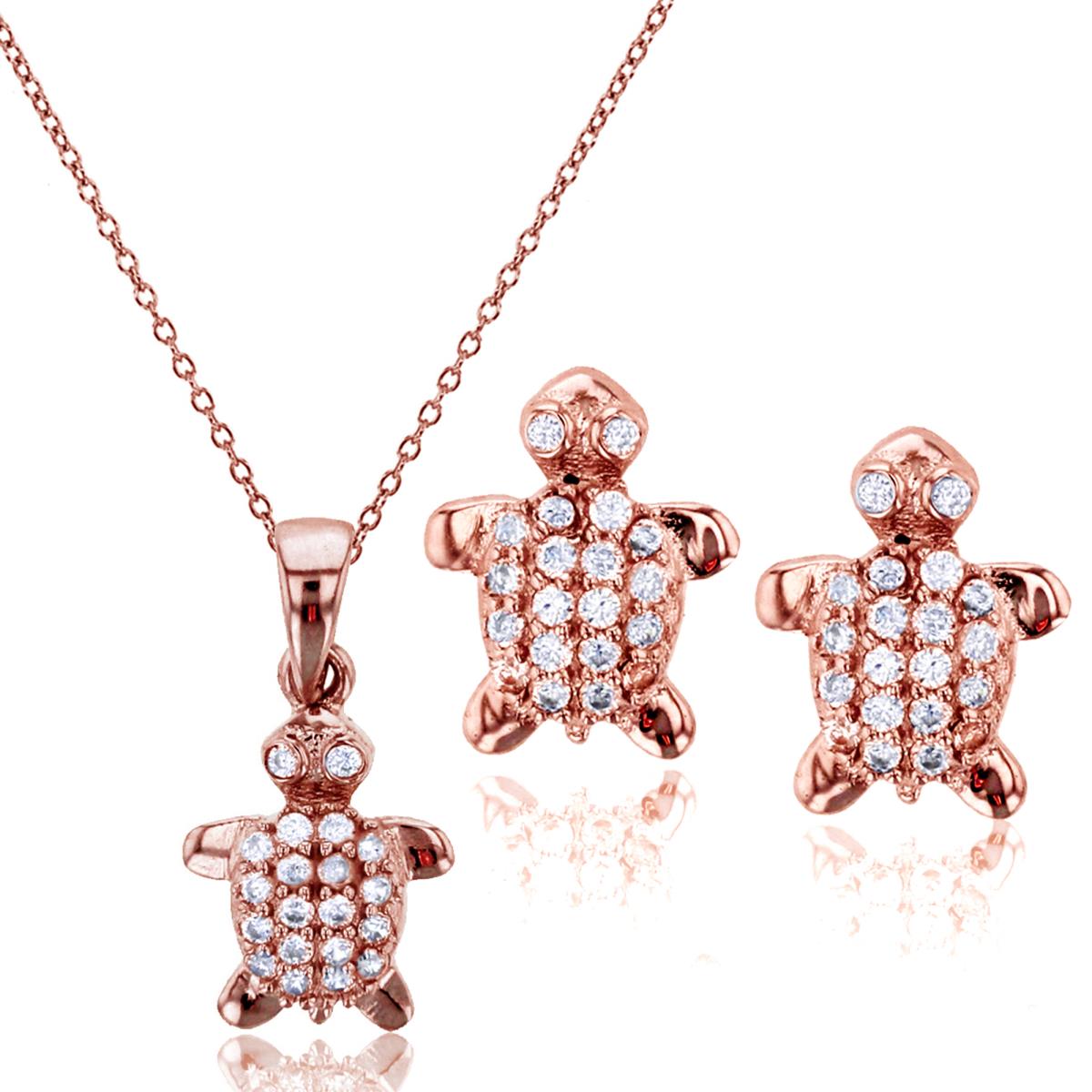 Sterling Silver Rose Micropave Turtle Earring and 18" Necklace Set