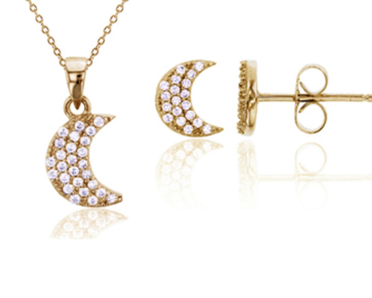 Sterling Silver Yellow Micropave Crescent Moon Earring and 18" Necklace Set
