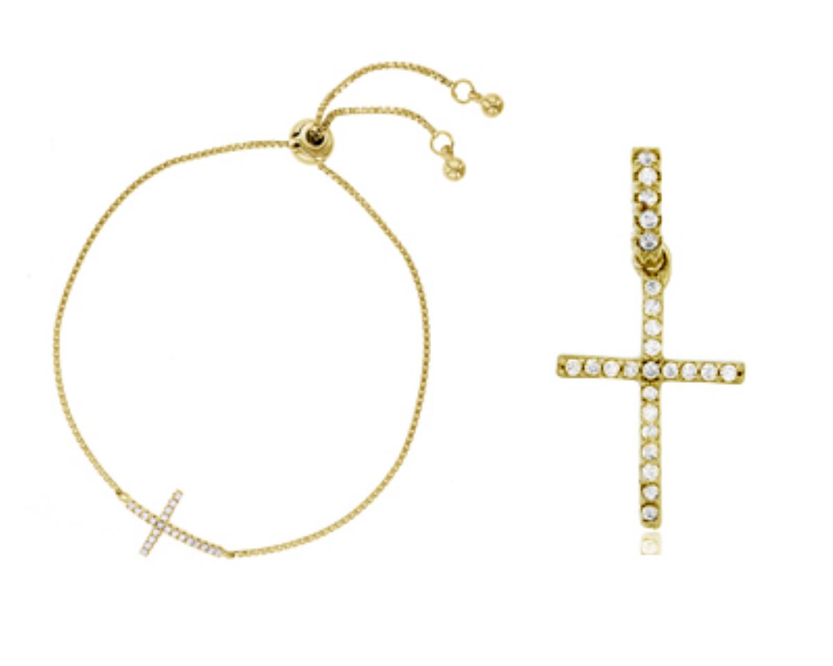 Sterling Silver Yellow Pave Cross Adj Bracelet and 18" Necklace Set