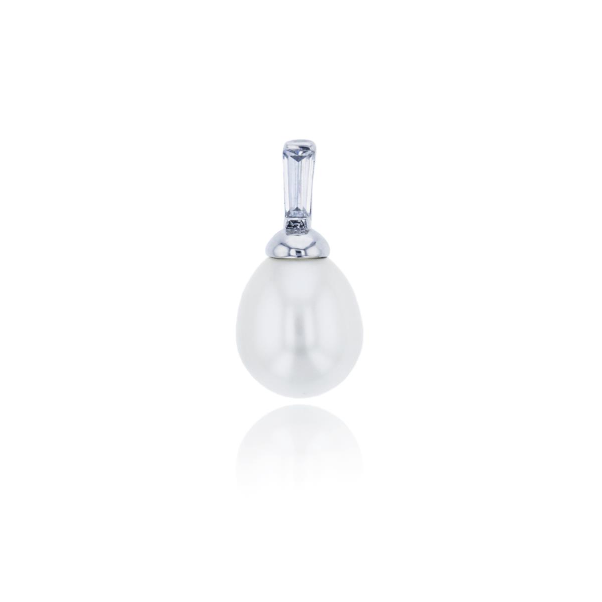Sterling Silver Rhodium 8mm Fresh Water Pearl & Baguette CZ 2-Stone Pendant