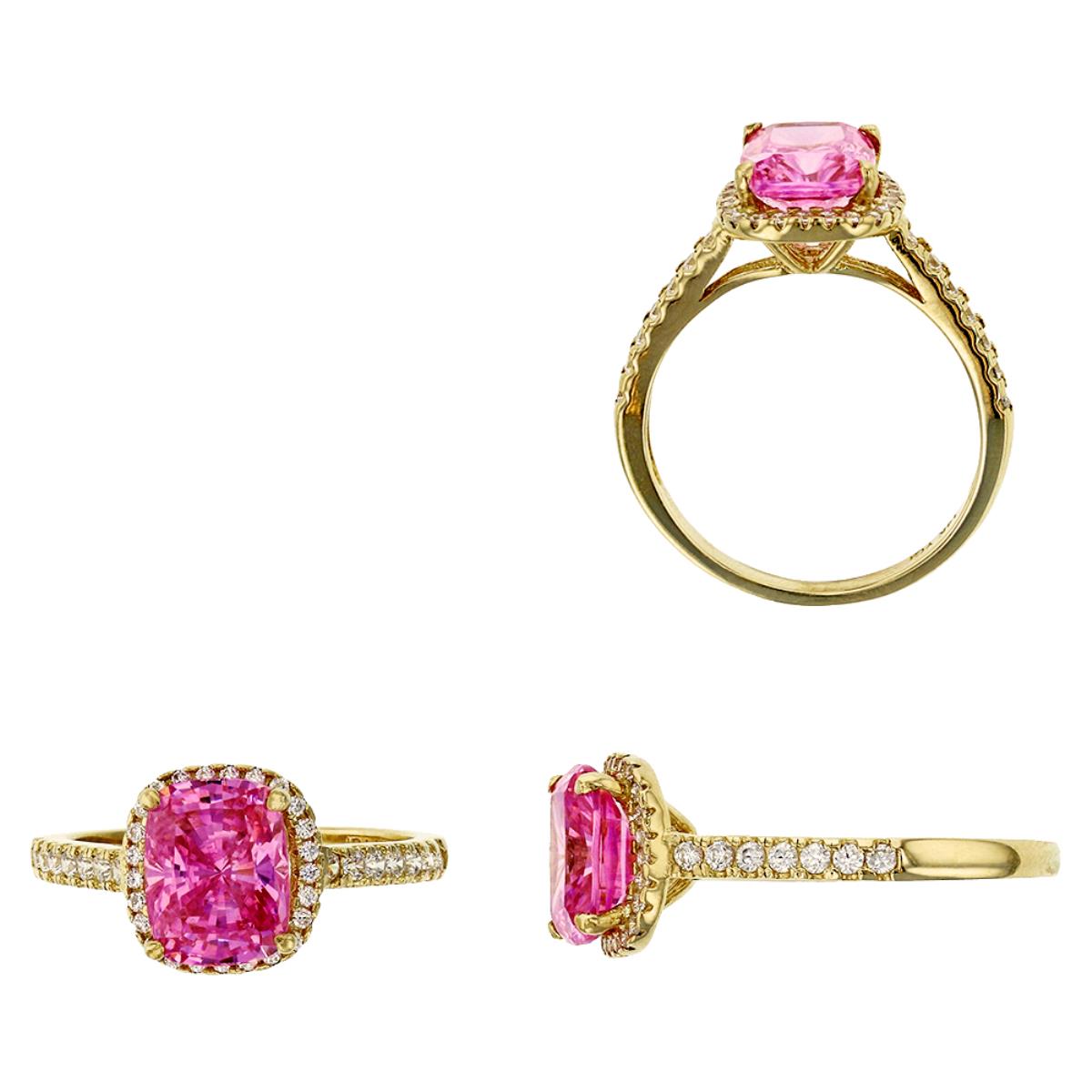 10K Yellow Gold Micropave 9x7mm Pink Radiant Cushion CZ Engagement Ring