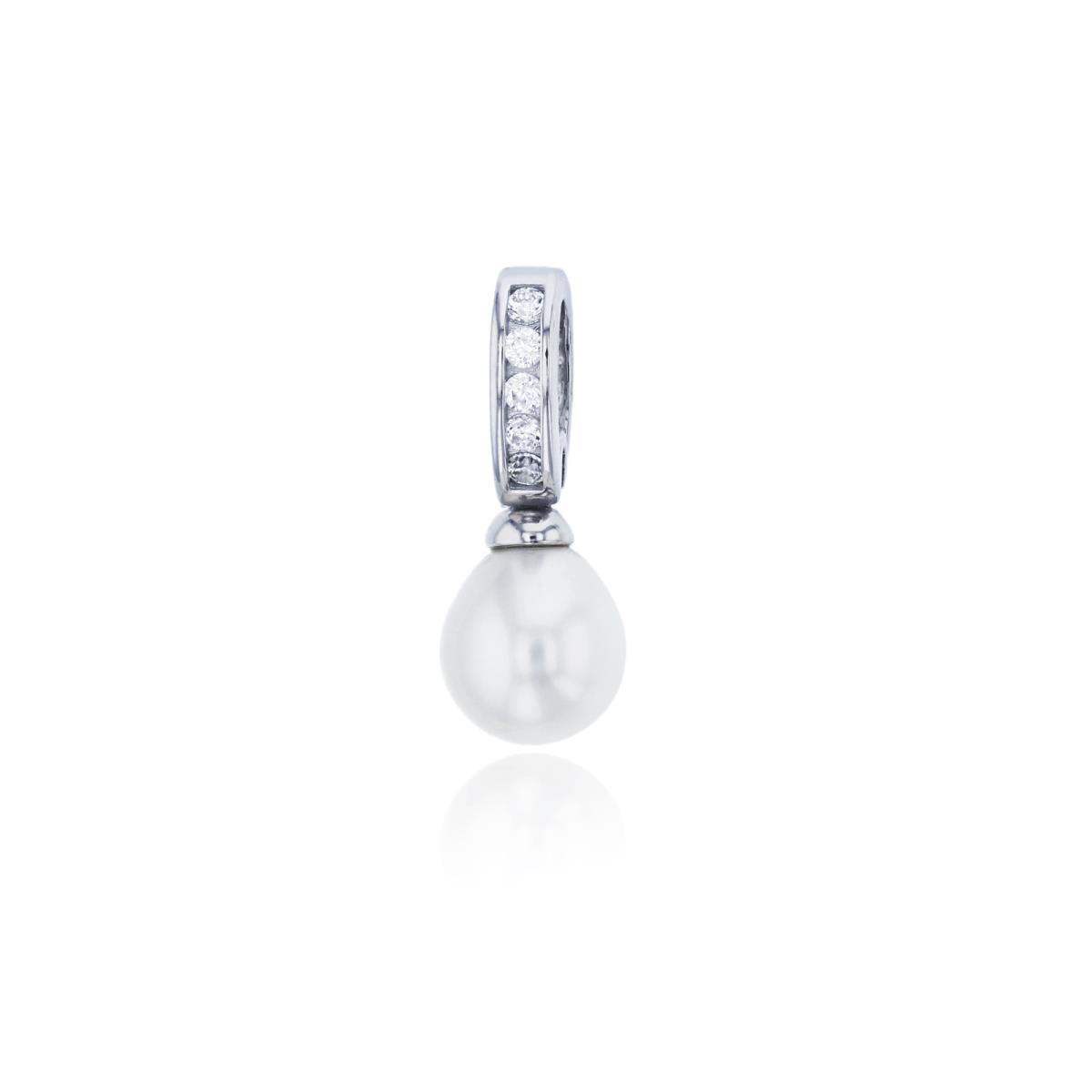 Sterling Silver Rhodium 8mm Fresh Water Pearl & Round Cut CZ Dangling Pendant