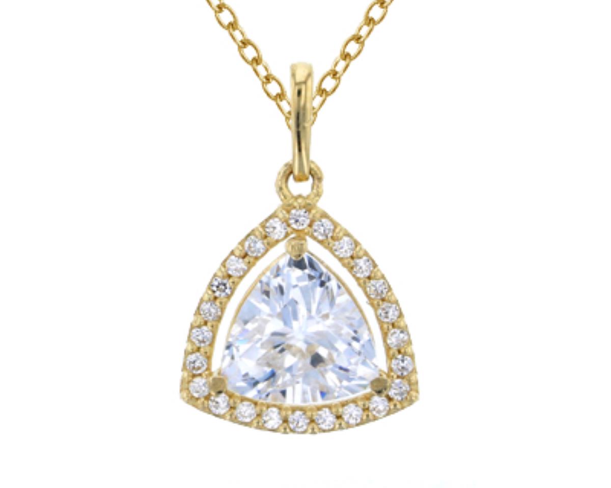 10K Yellow Gold 7mm Triangle Cut CZ Halo Dangling 18" Necklace