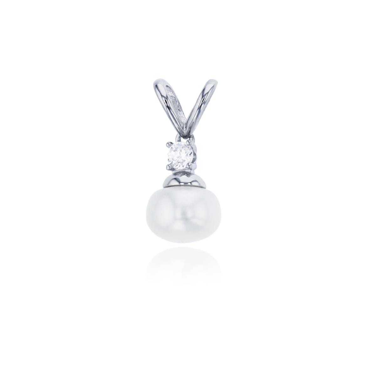 Sterling Silver Rhodium 8mm Fresh Water Pearl & 3mm Round Cut CZ Double Bail Dangling Pendant