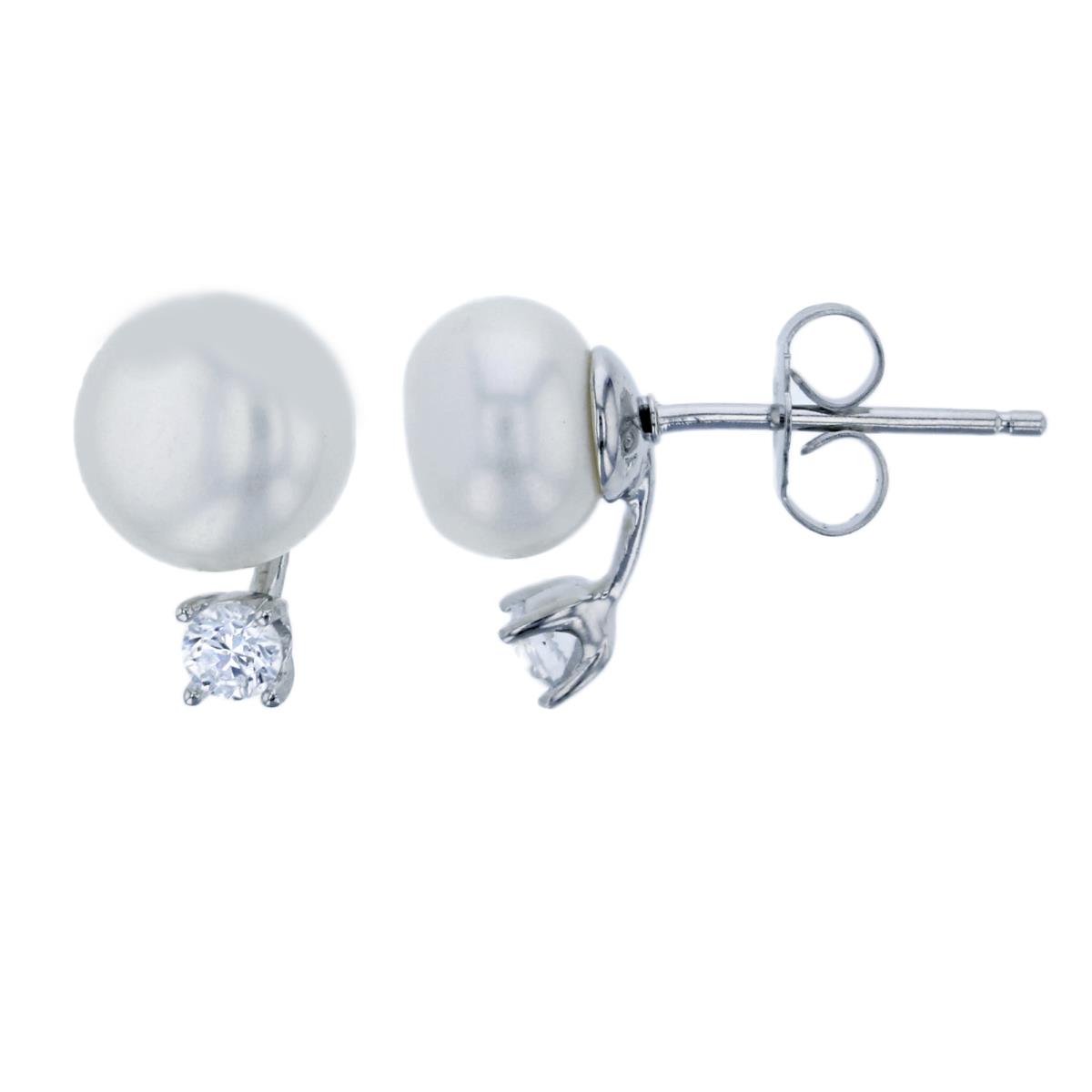 Sterling Silver Rhodium 8mm Simulated Pearl & 3mm Round Cut CZ Stud Earring