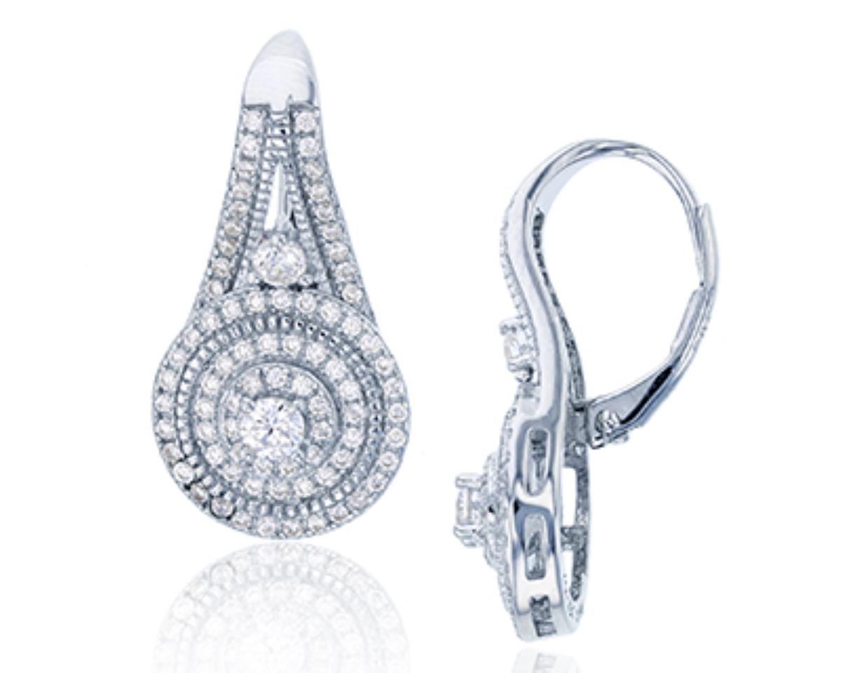 Sterling Silver Rhodium Micropave CZ Curved Tear Drop Lever Back Earring