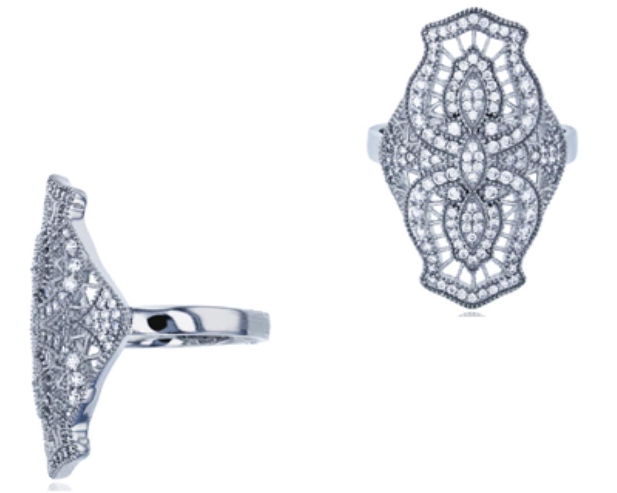 Sterling Silver Rhodium Milgraine Micropave CZ Cocktail Fashion Ring