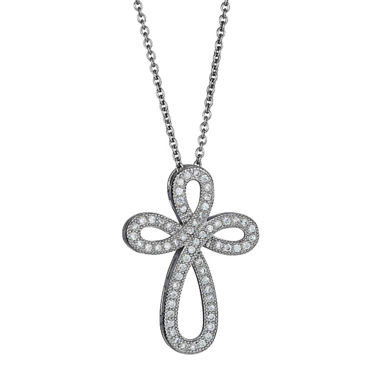 Sterling Silver Rhodium Pave Infinity Cross 18" Necklace