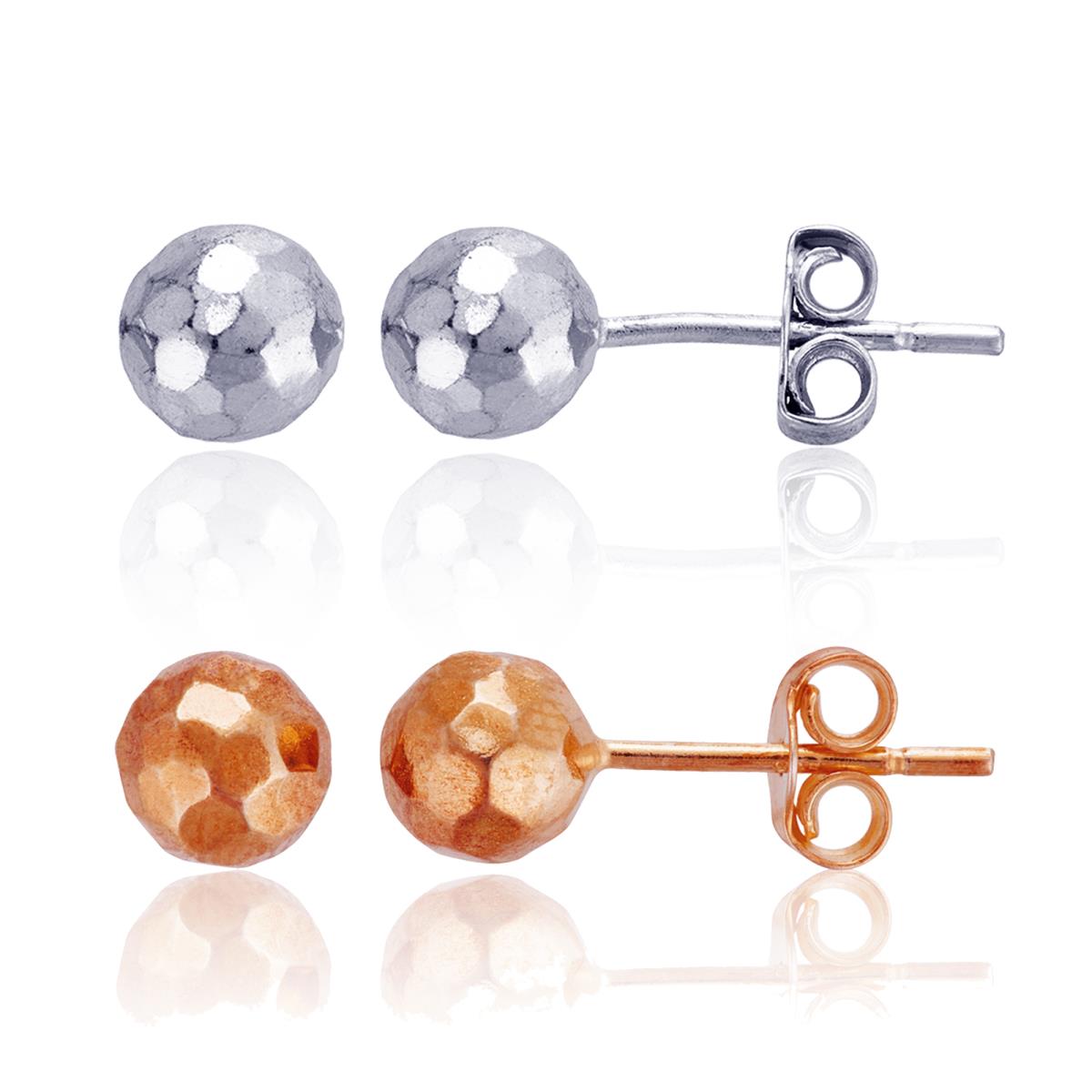 Sterling Silver Rhodium 6mm Disco Ball & Rose 6mm Disco Ball Stud Earrings Set