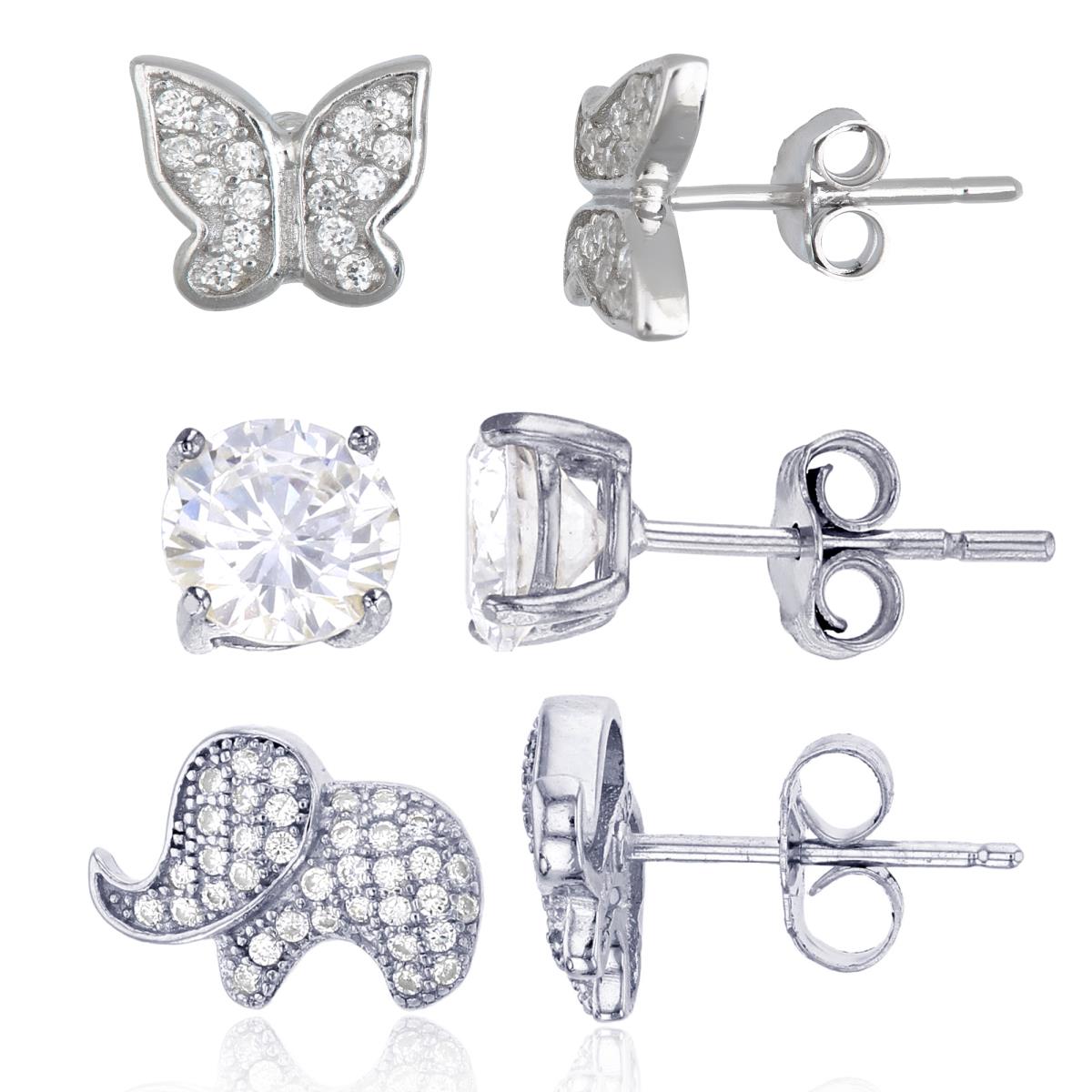 Sterling Silver Pave Butterfly , Elephant & 6.00mm Round Solitaire Stud Earring Set