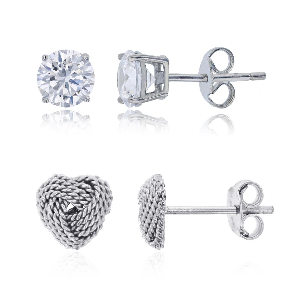Sterling Silver 7mm Love Knot Heart & 6.00mm Round Solitaire Stud Earrings Set