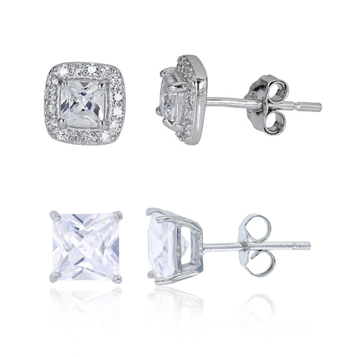 Sterling Silver Square Halo Petite Pave & 6x6mm Square Cut CZ Solitaire Stud Earrings Set