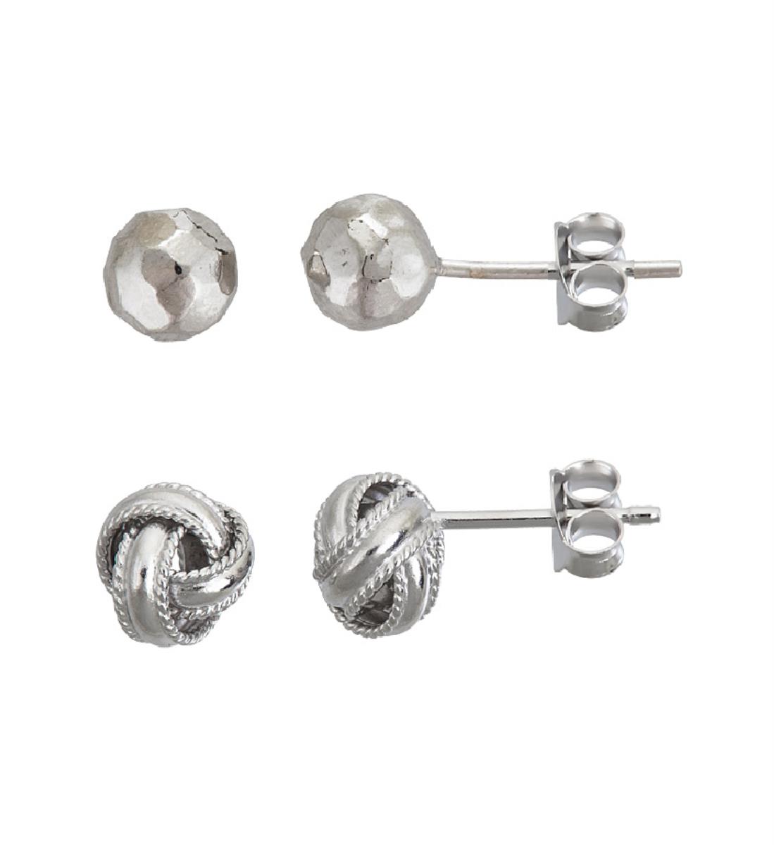 Sterling Silver 7mm Love Knot Milgraine & 6mm Disco Ball Stud Earrings Set