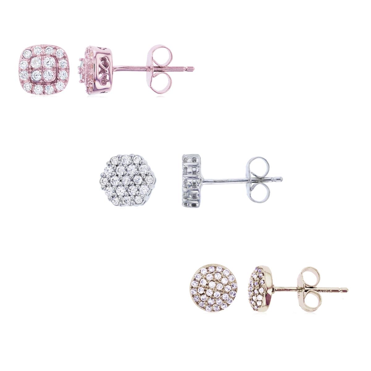 Sterling Silver Micropave Round Rhodium Cluster,  Rose Cushion & Yellow Circle CZ Stud Earrings Set