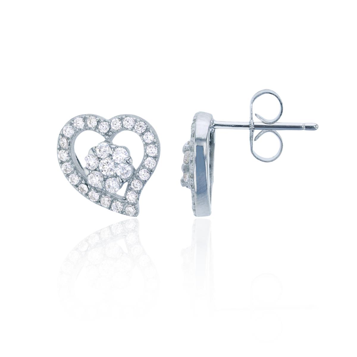 Sterling Silver Rhodium Micropave Open Heart with Cluster Inside CZ Stud Earring