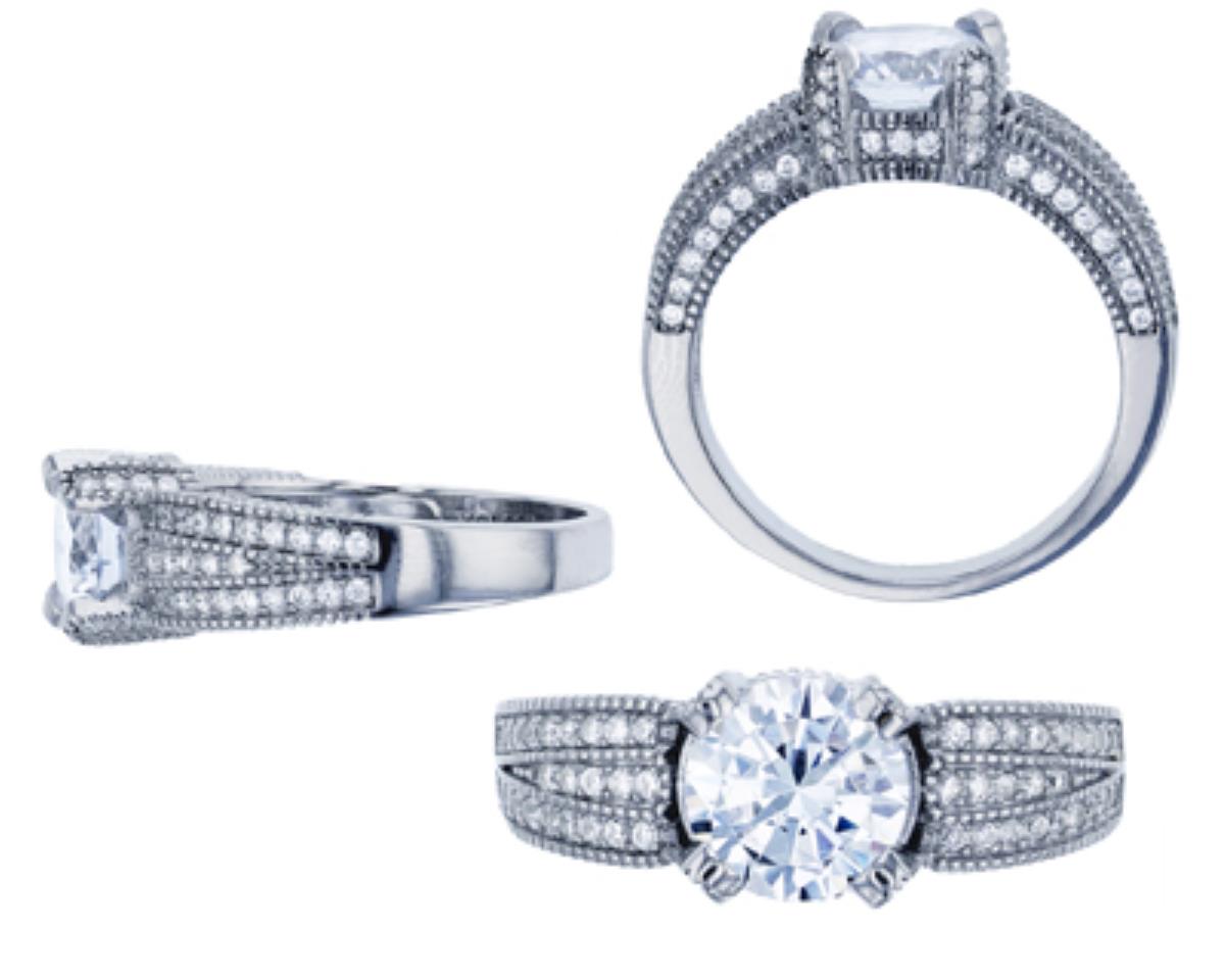 Sterling Silver Rhodium 8mm Round Cut CZ & 3-Row Micropave Sides Milgraine Engagement Ring
