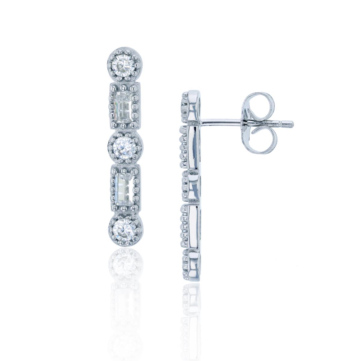 Sterling Silver Rhodium Alternating Round and Baguette CZ Milgraine Drop Earring