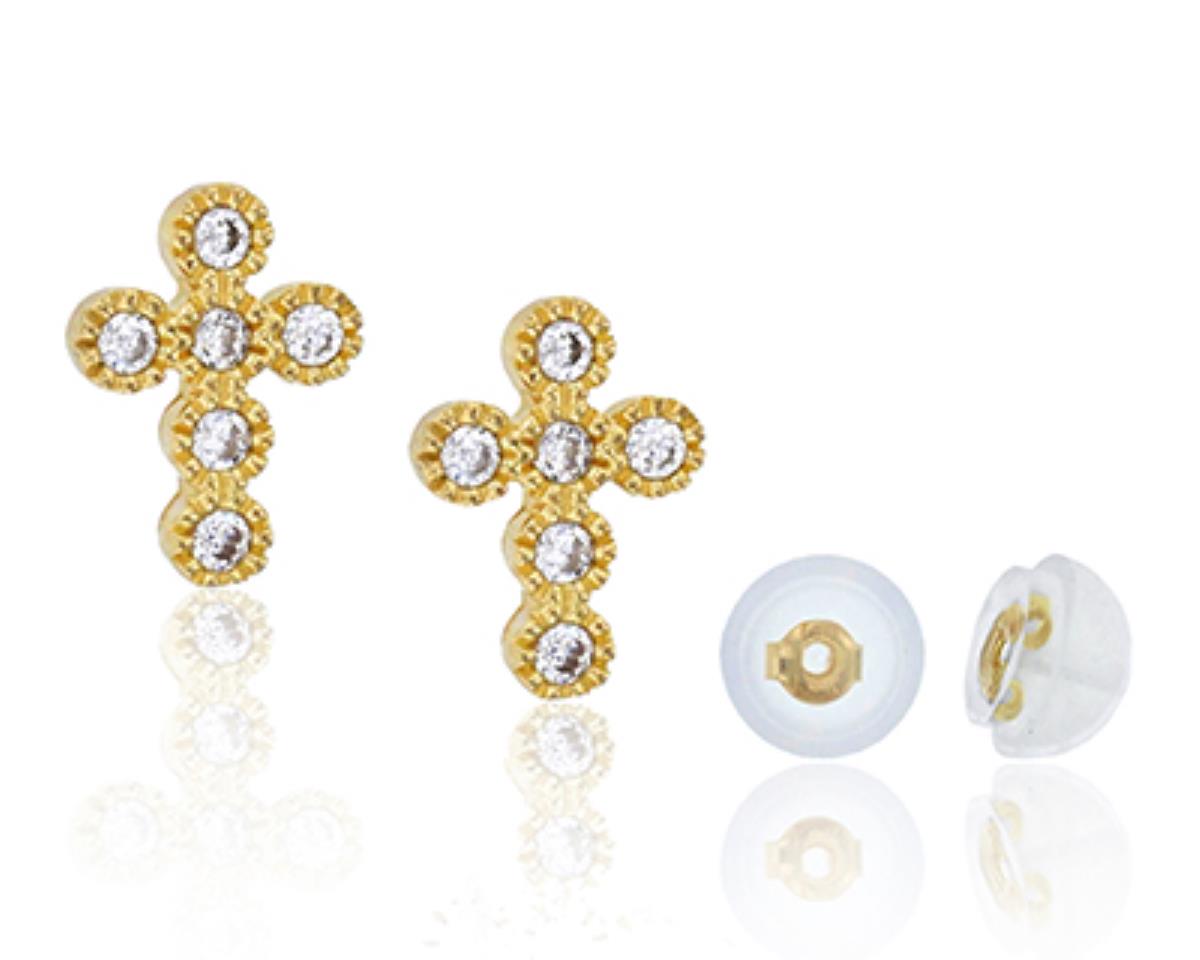 14K Yellow Gold Pave Round CZ Cross Stud Earring & 14K Silicone Bubble Back