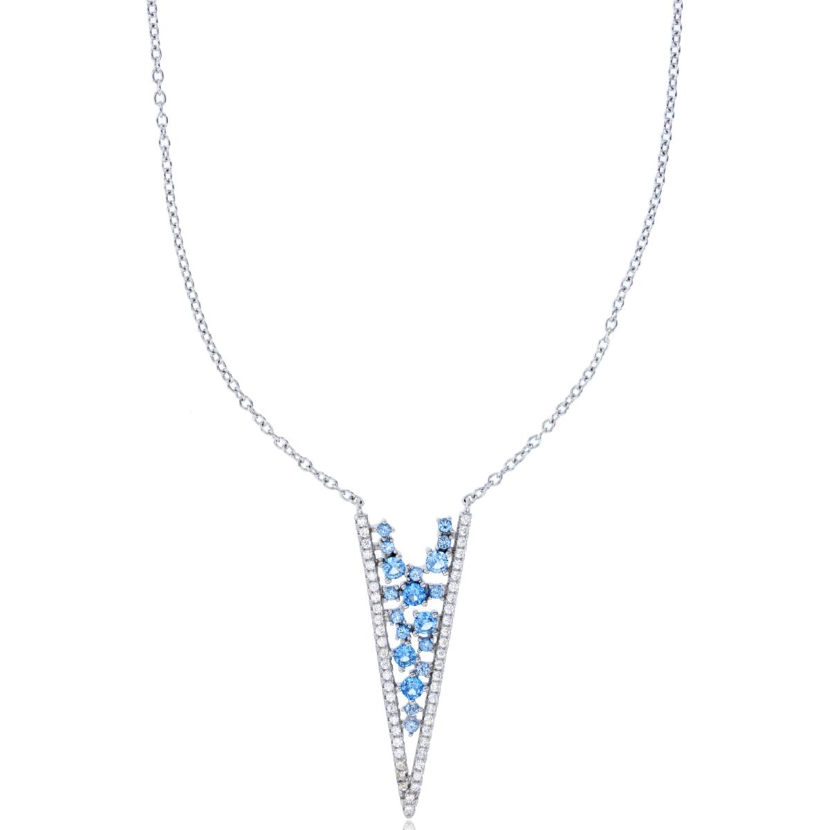 Sterling Silver Rhodium 36x13mm Blue& Clear Floating Round Cut CZ Triangle 18" Necklace