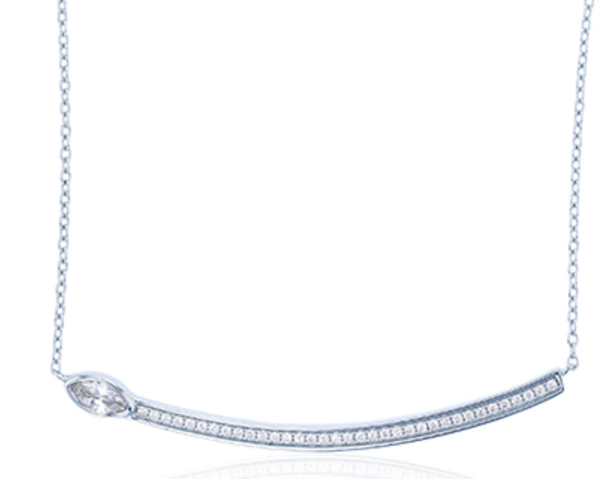 Sterling Silver Rhodium 7x3.5mm Marquise Cut & Micropave CZ Curved Bar 18" Necklace