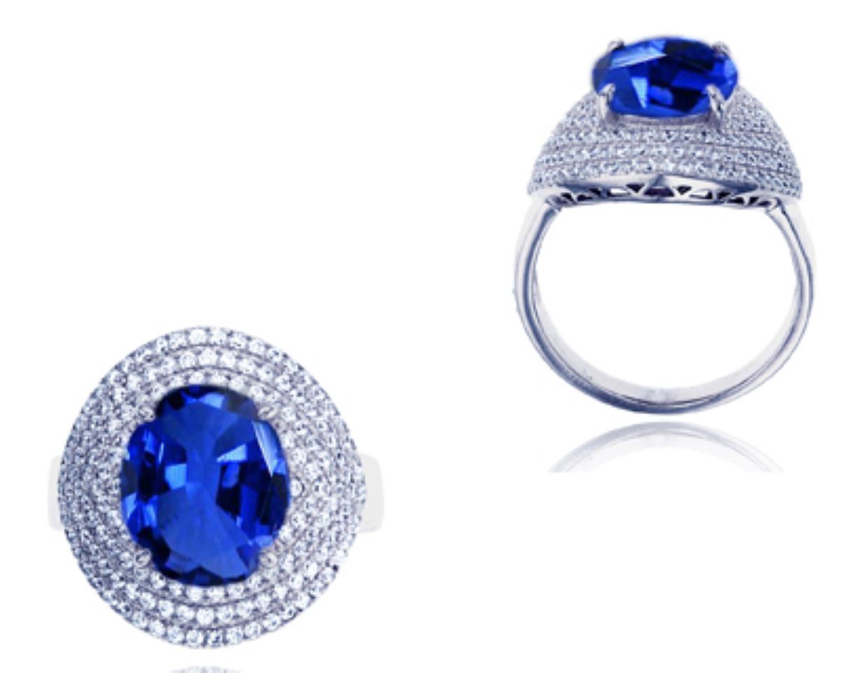 Sterling Silver Rhodium 12x10mm Oval Cut Blue& Clear CZ Micropave Fashion Ring