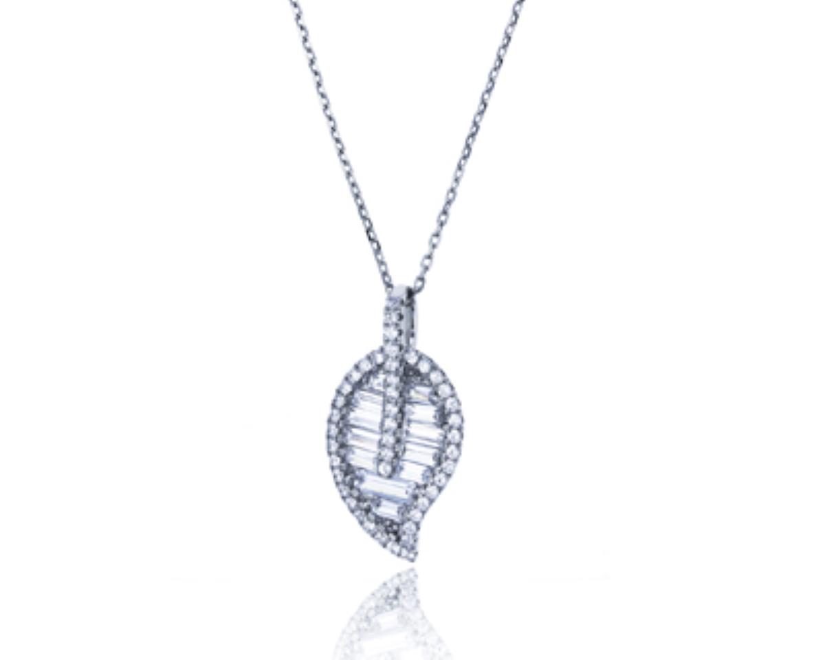 Sterling Silver Rhodium Micropave Round and Baguette Leaf 18"+2" Extender Necklace