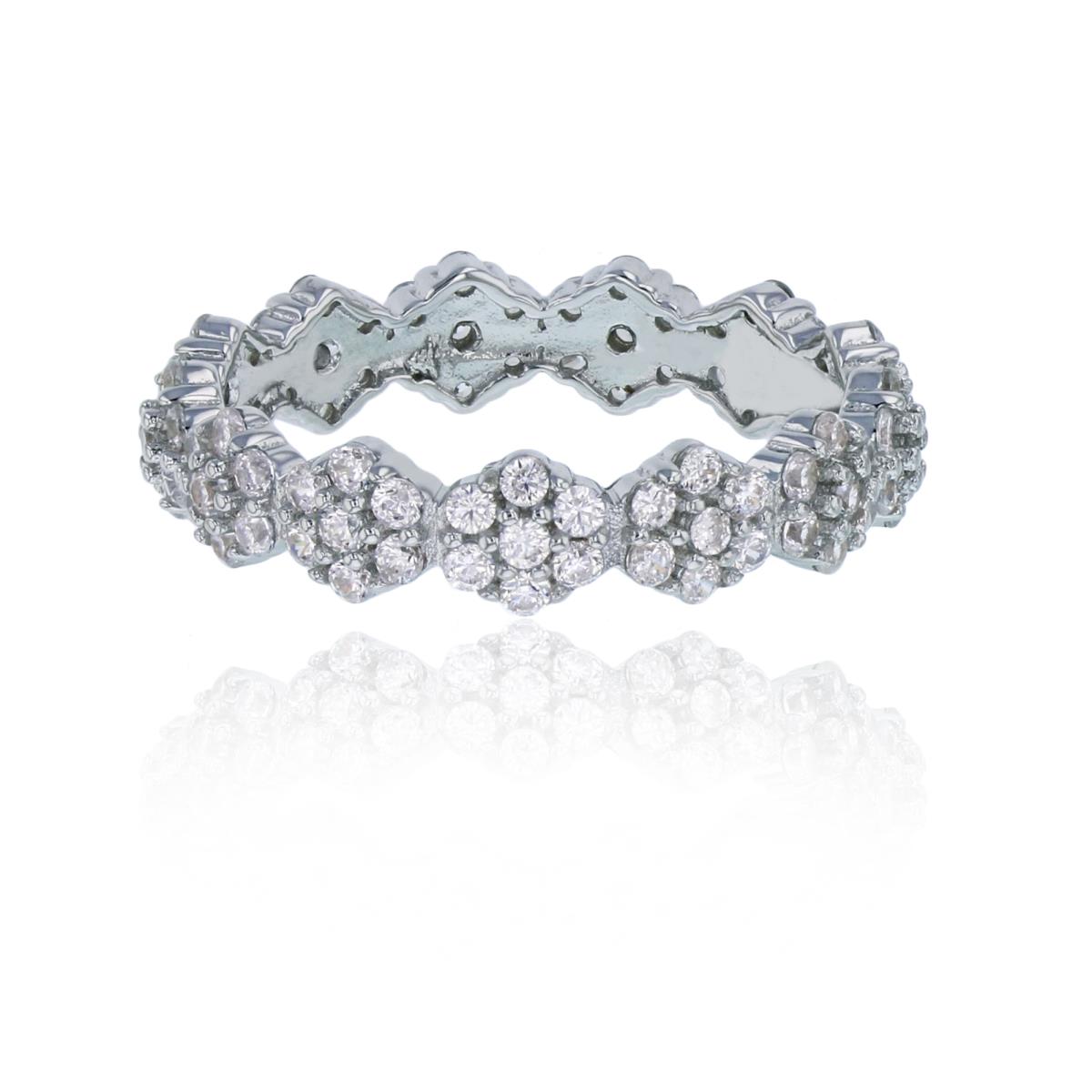 Sterling Silver Rhodium Micropave Cluster Flower Eternity Ring