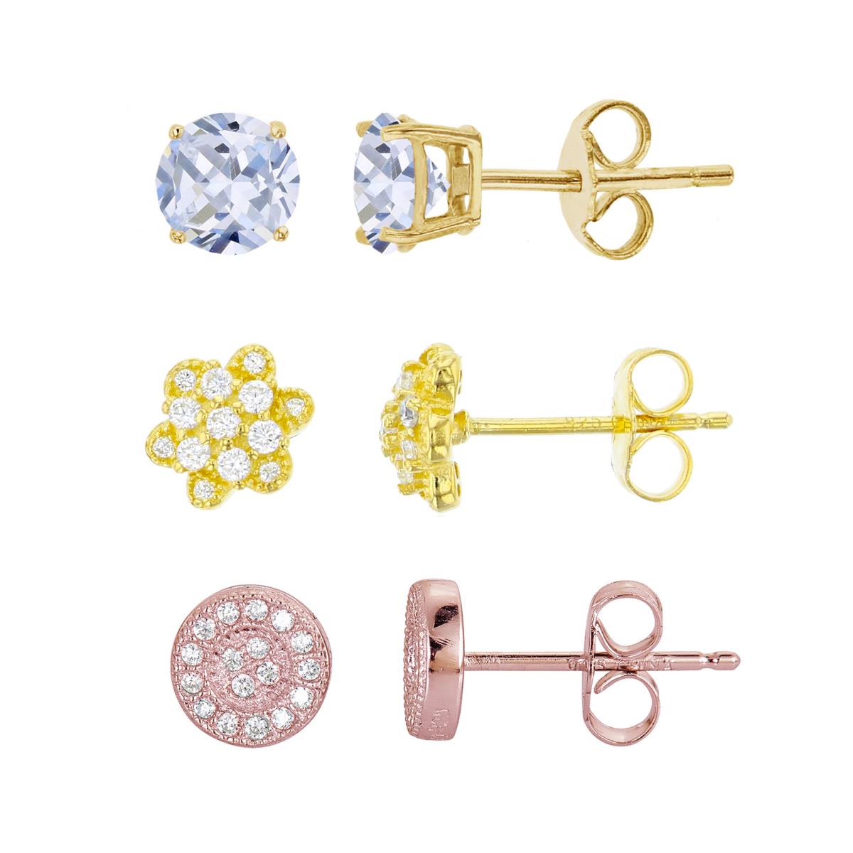 Sterling Silver Yellow & Rose Flower, Circle and 5mm Rd Solitaire Stud Set Kit