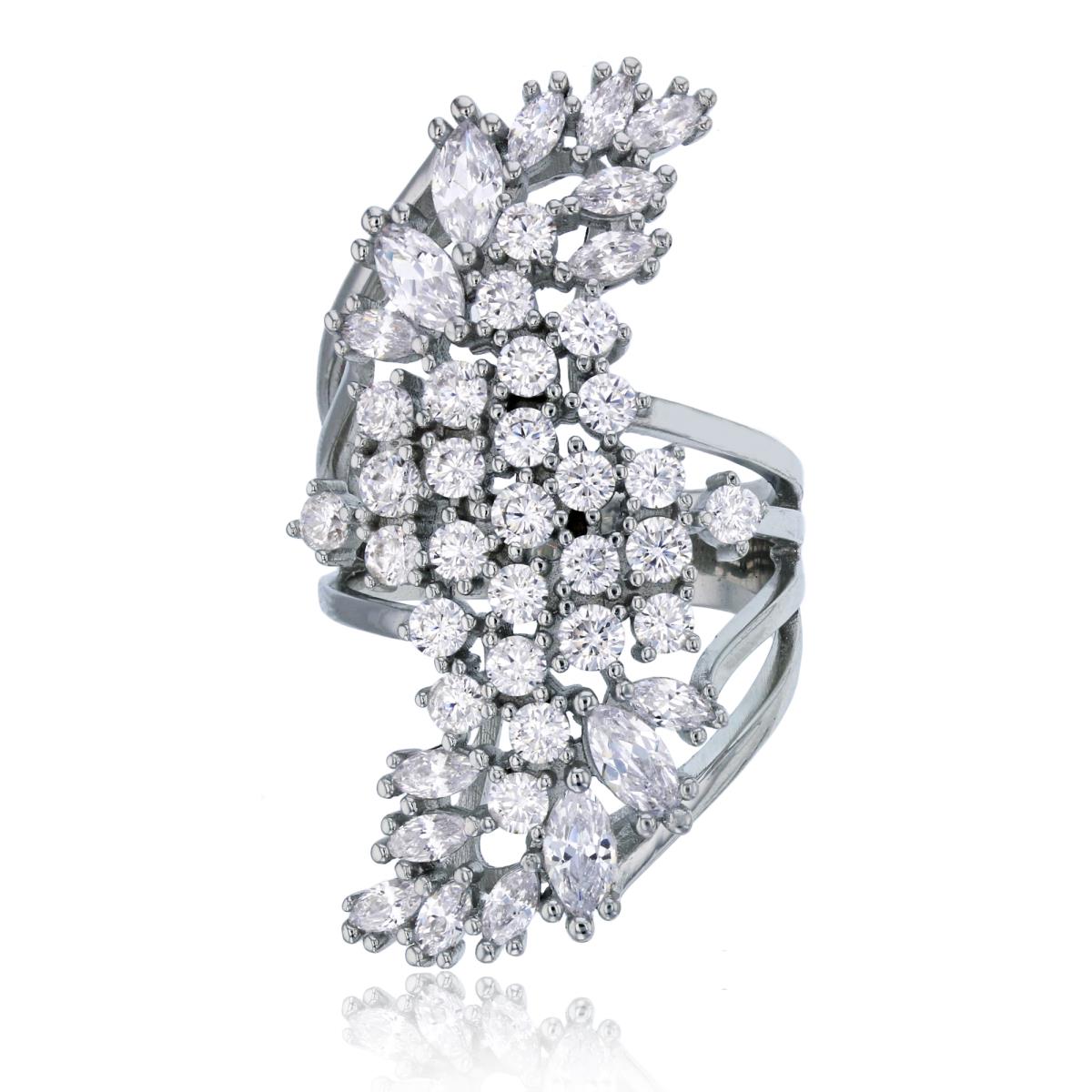 Sterling Silver Rhodium Micropave Round & Marquise Cut 38mm Wide Cocktail Fashion Ring