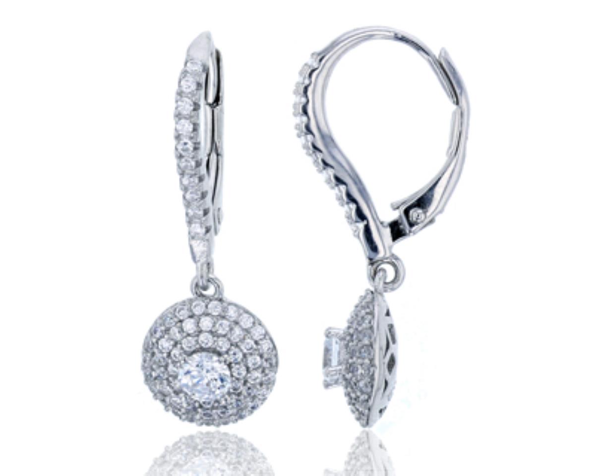Sterling Silver Rhodium 3.5mm Round Cut CZ Triple Halo Circle Leverback Dangling Earring