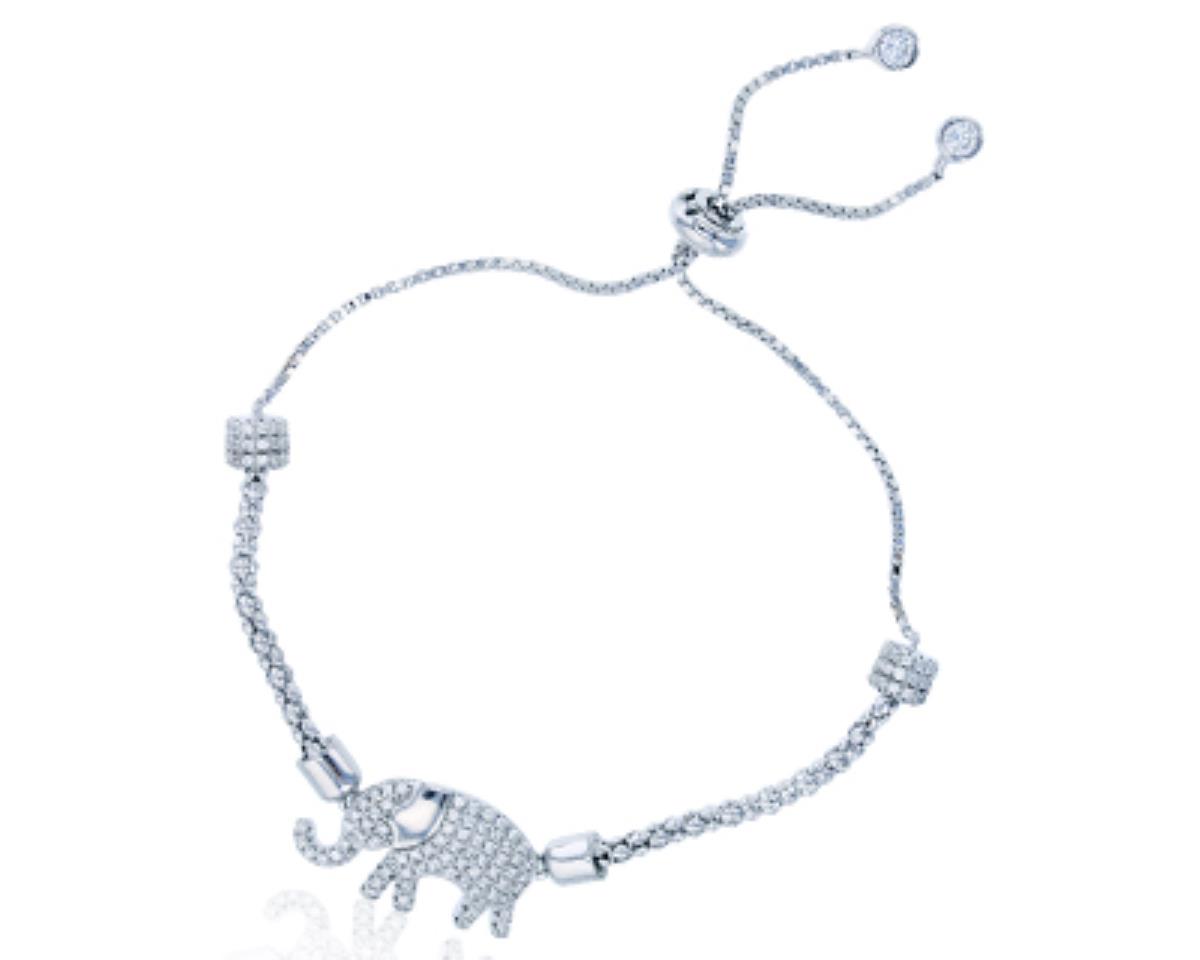 Sterling Silver Rhodium 11x20mm Micropave Elephant Adjustable Bracelet