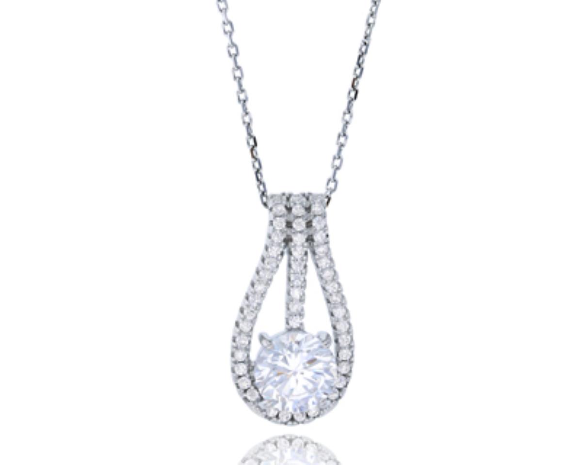 Sterling Silver Rhodium Micropave 7mm Round Cut CZ Tear Drop 18"+2" Extender Necklace