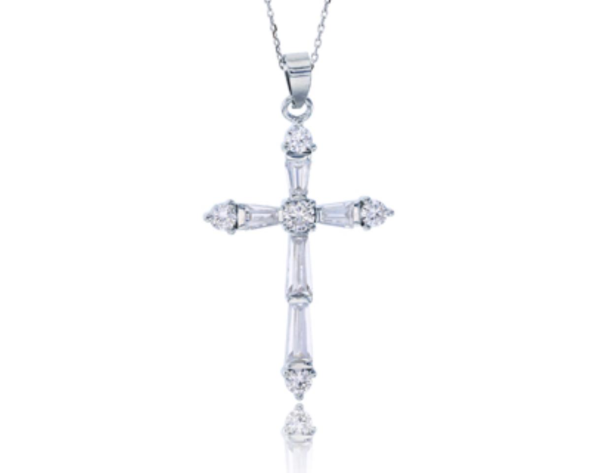 Sterling Silver Rhodium Pave Round & Baguette Cross 18"+2" Extender Necklace