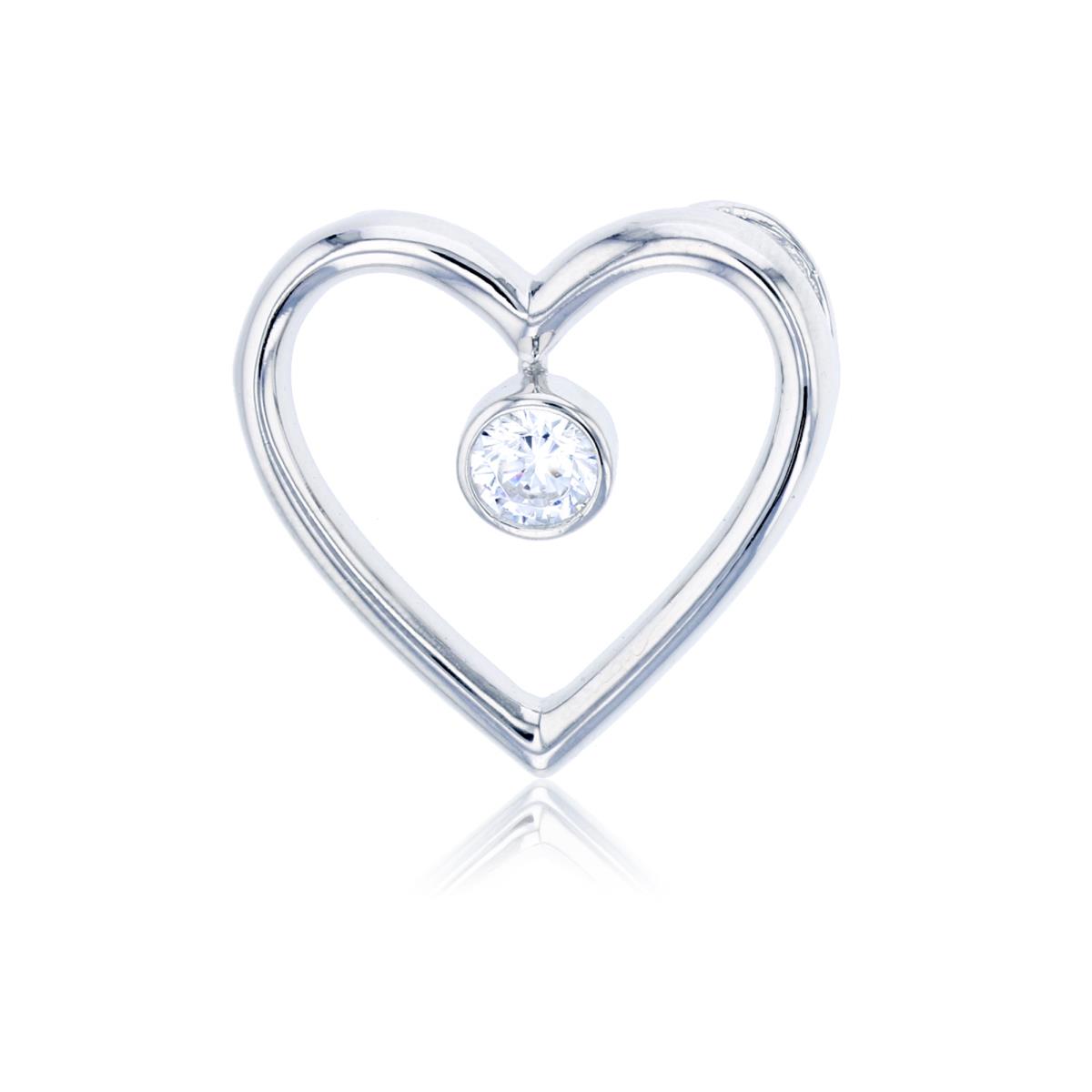 Sterling Silver Rhodium 5mm Round Cut Bezel Inside Polished Open Heart Double Hidden Bail Pendant