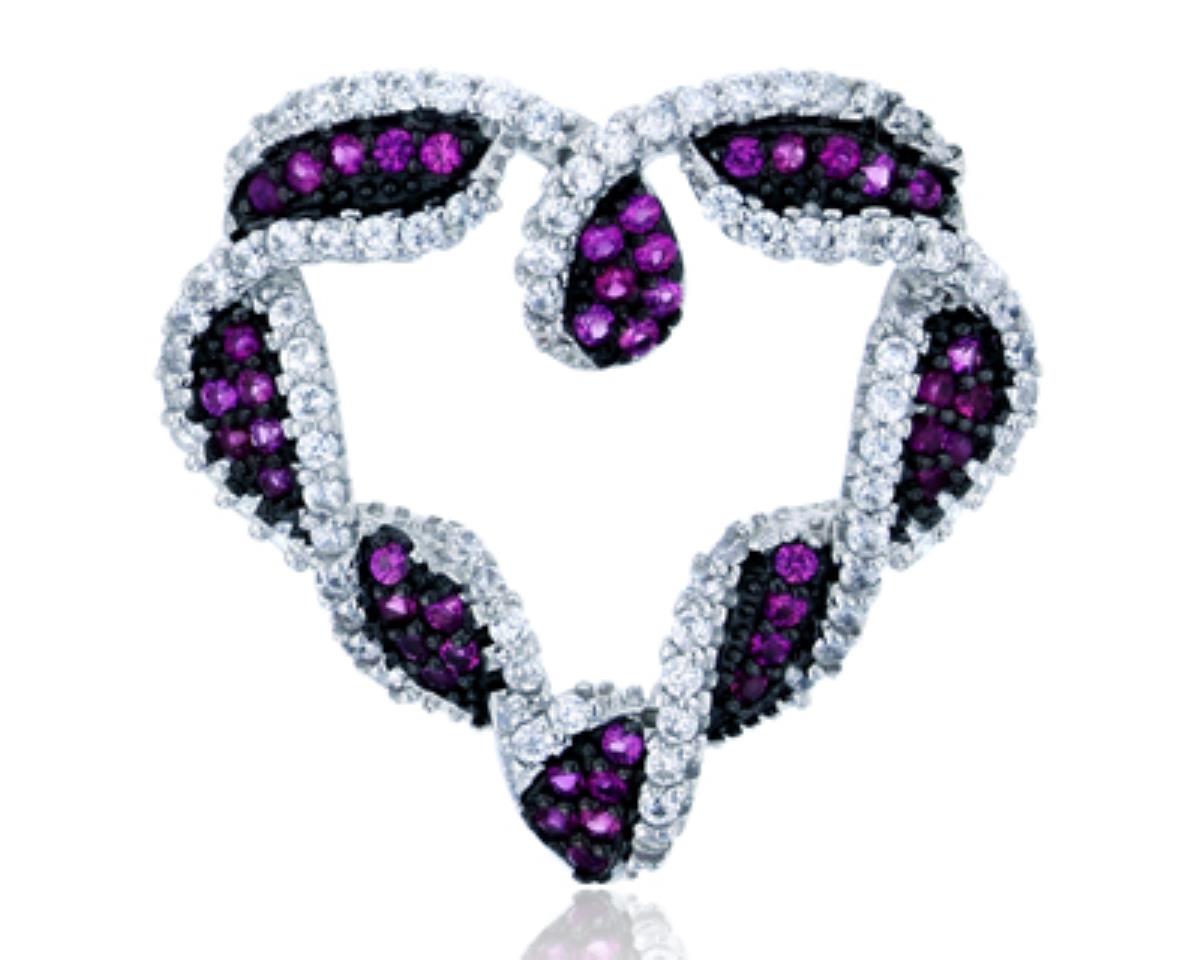 Sterling Silver Rhodium & Black 21x22mm Ruby & Clear CZ Heart Hidden Bail Pendant
