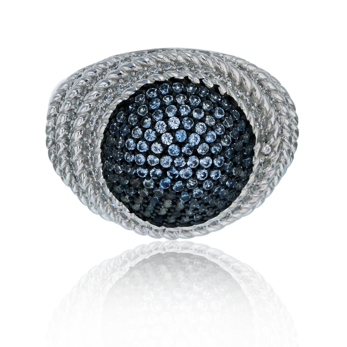 Sterling Silver Rhodium Micropave Blue & White CZ Rope Dome Fashion Ring