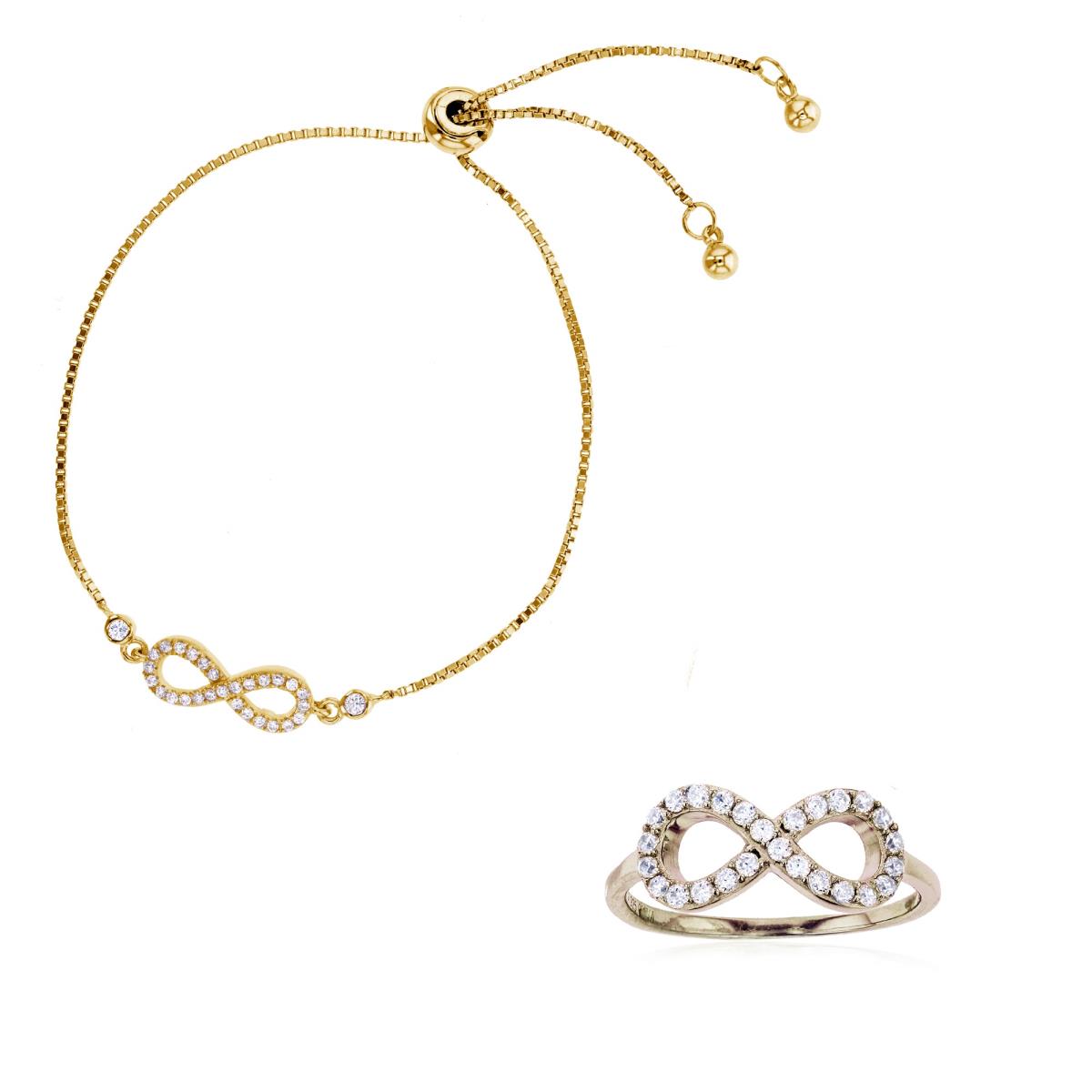 Sterling Silver Yellow Pave Infinity Fashion Ring and Adj Bracelet Set