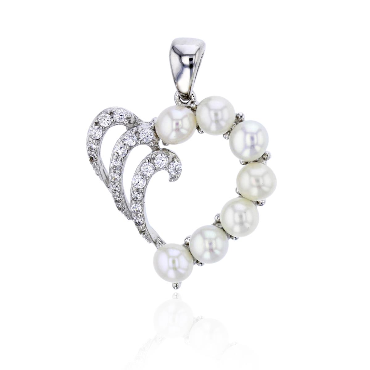 Sterling Silver Rhodium 25x19mm Fresh Water Pearl & CZ Heart Pendant