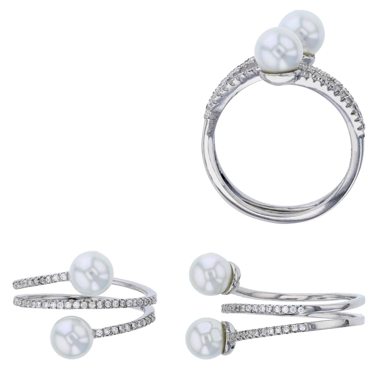 Sterling Silver Rhodium 6mm Double Fresh Water Pearl & CZ Micropave Triple Shank Fashion Ring