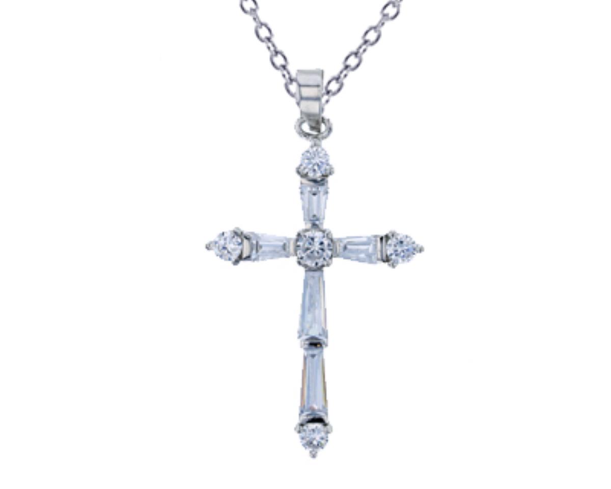 Sterling Silver Rhodium Pave Round & Baguette Cross 18" Necklace
