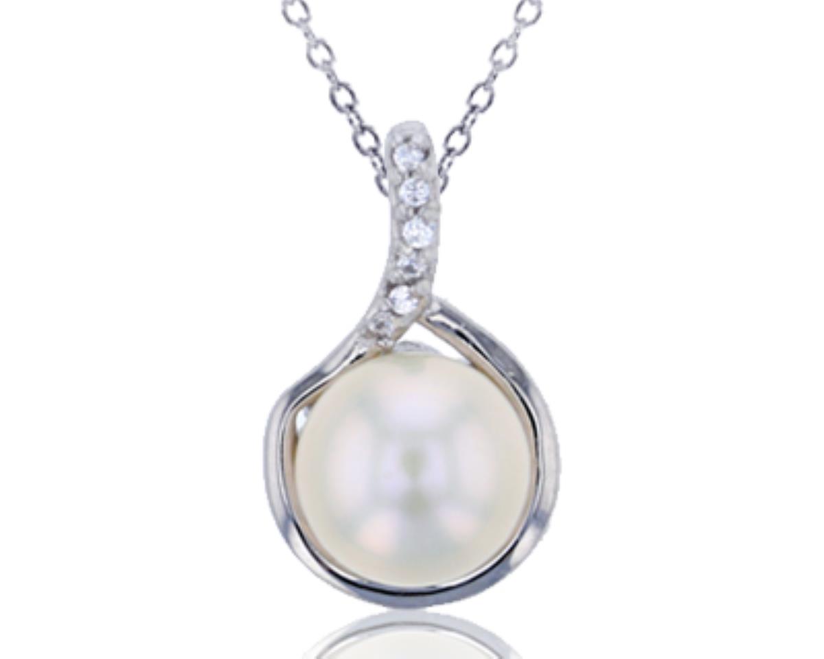 Sterling Silver Rhodium 8mm Fresh Water Pearl & CZ Polished Circle 18" Necklace