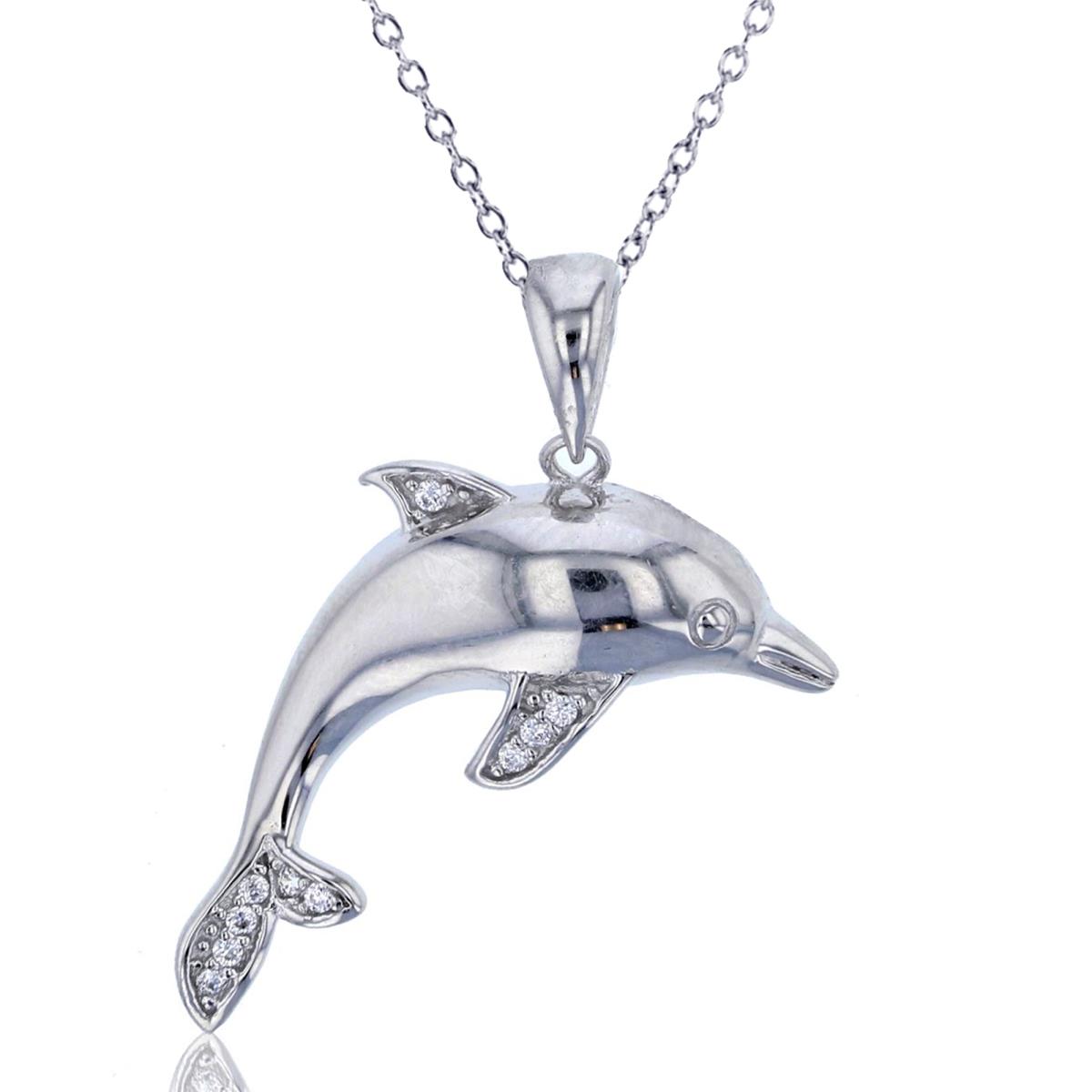 Sterling Silver Rhodium Micropave Dolphin CZ Dangling 18" Necklace