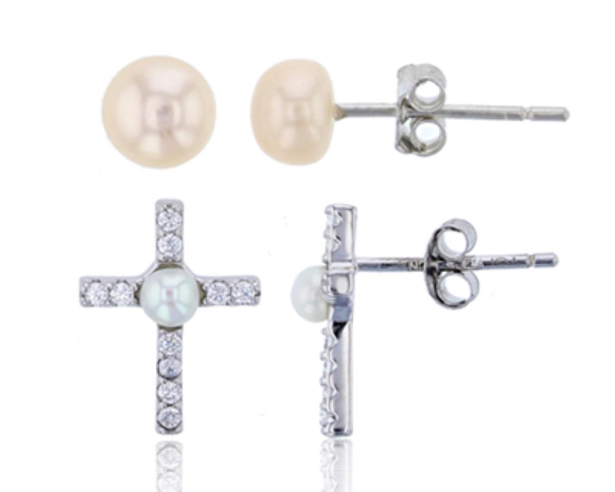 Sterling Silver Rhodium 3mm Fresh Water Pearl and CZ Cross & 6-7mm FWP White Button Stud Earring Set