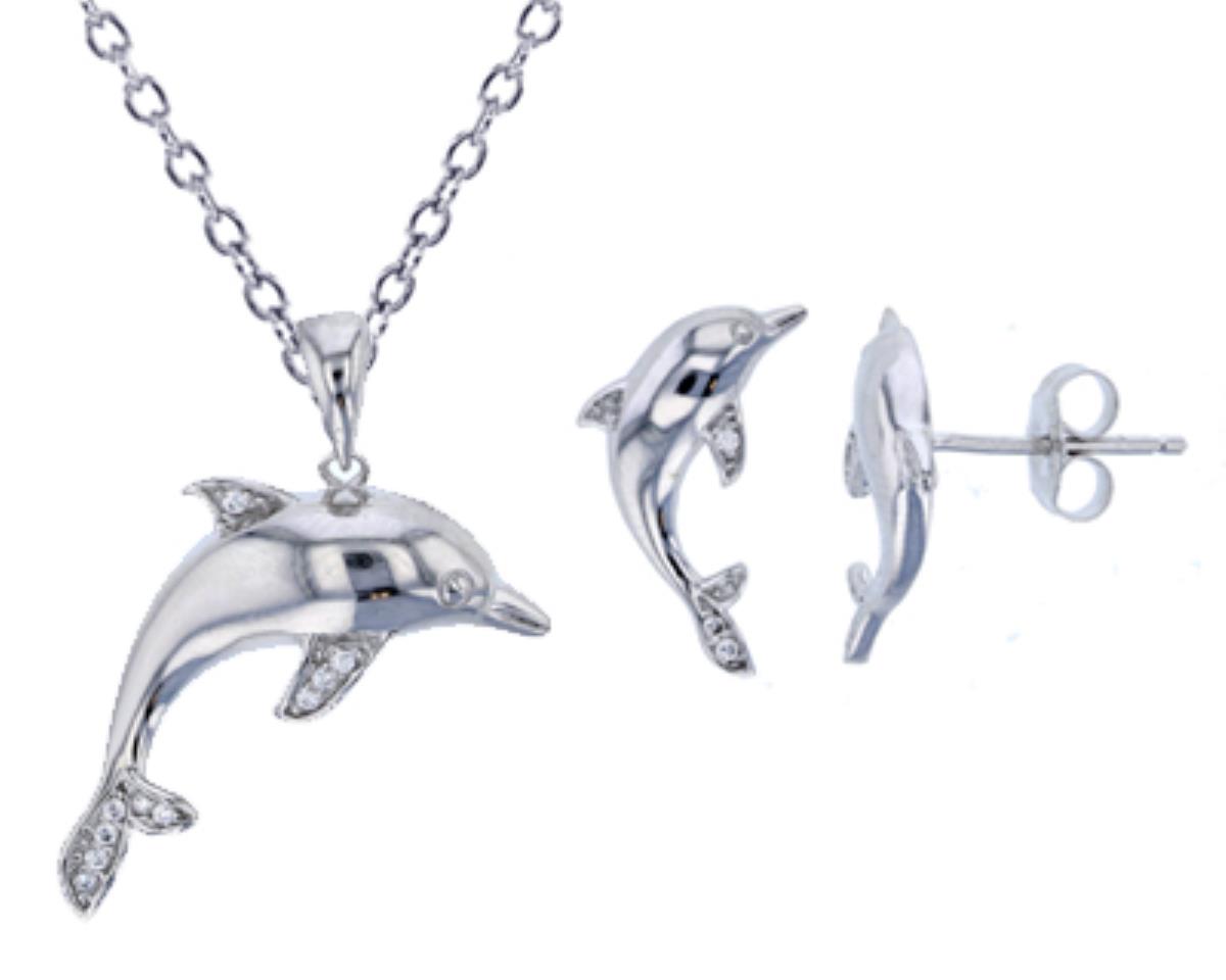 Sterling Silver Rhodium Micropave Dolphin CZ Earring & 18" Necklace Set
