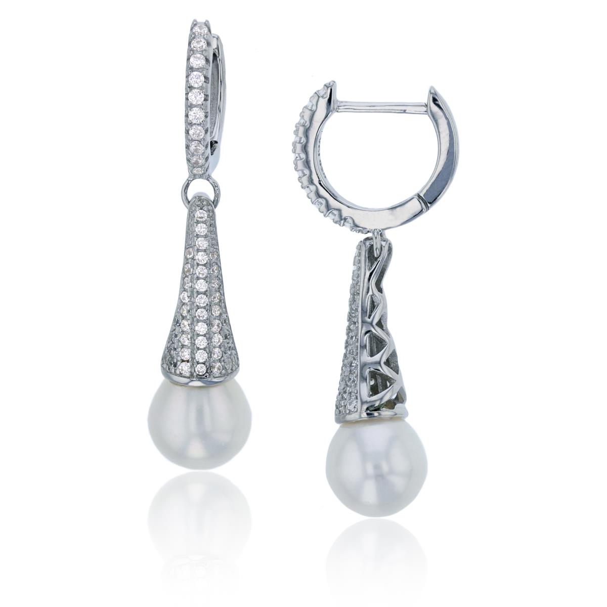 Sterling Silver Rhodium 8mm Fresh Water Pearl & Micropave CZ Dangling Cone Earring