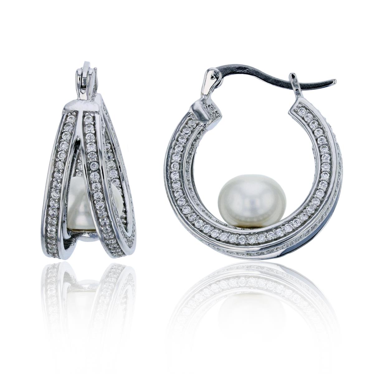 Sterling Silver Rhodium 8mm Fresh Water Pearl & Micropave CZ 2-Strand Hoop Earring